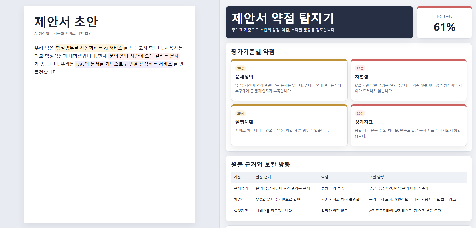 제안서 약점 탐지기 실행 화면