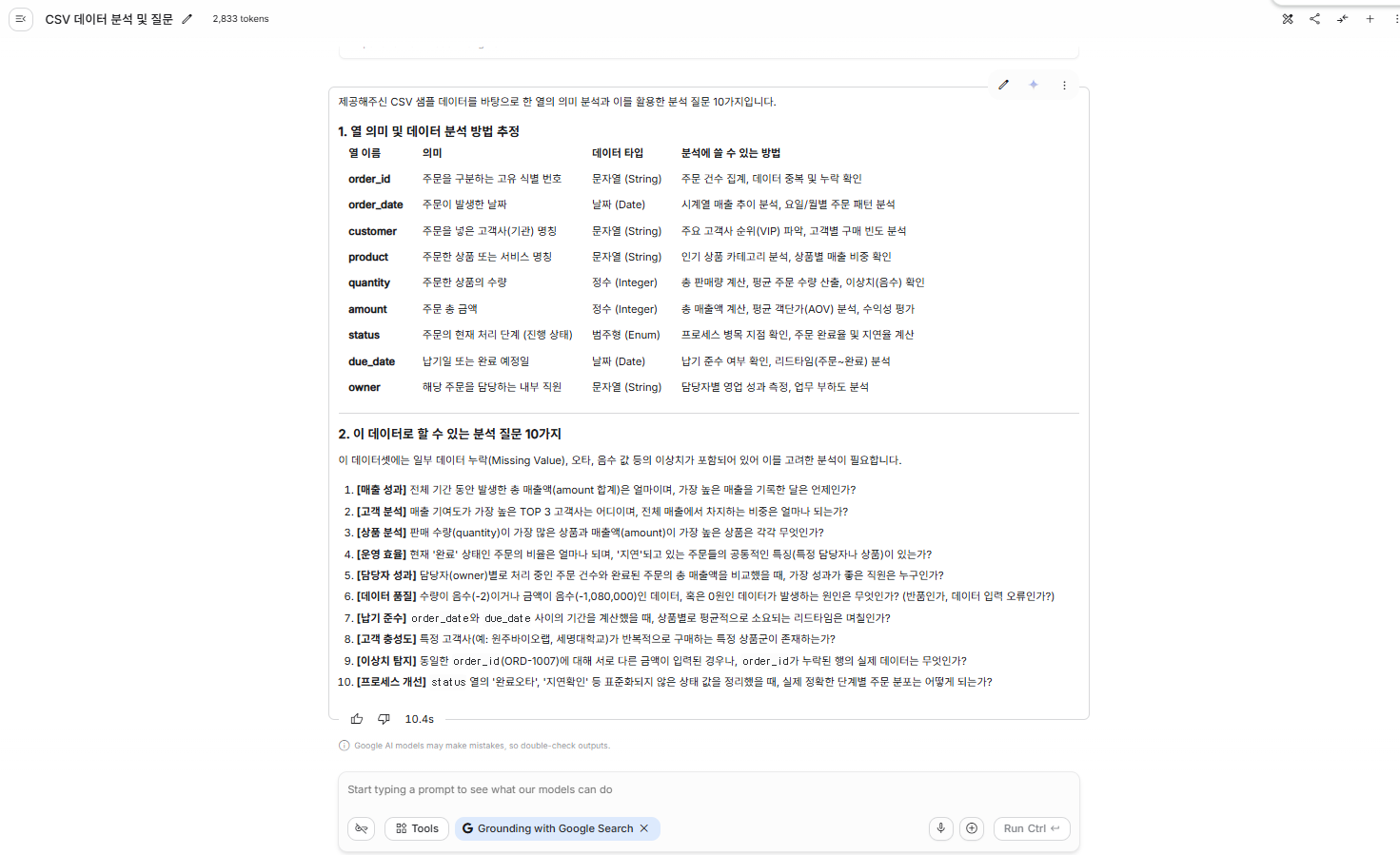 CSV 샘플을 AI Studio에 붙여넣어 열 의미와 분석 질문을 만드는 화면