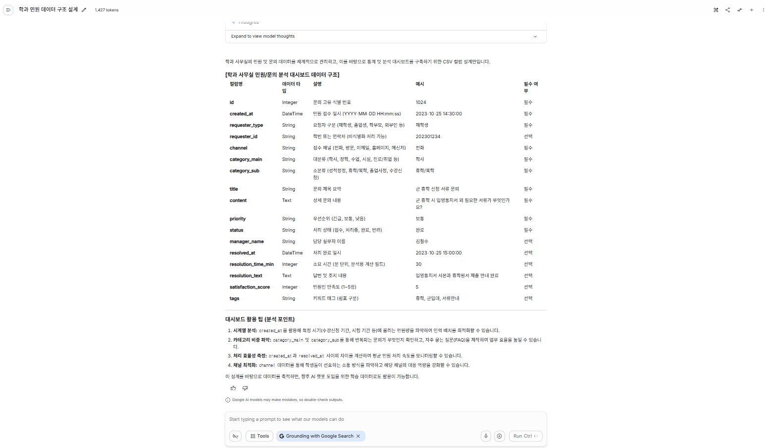 CSV 컬럼 설계표 — 컬럼명, 타입, 설명, 예시, 필수 여부